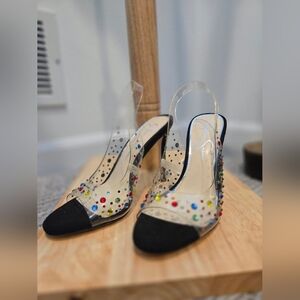 Jessica Simpson jaisey open toe glitter slingback heels clear rainbow rhinestone